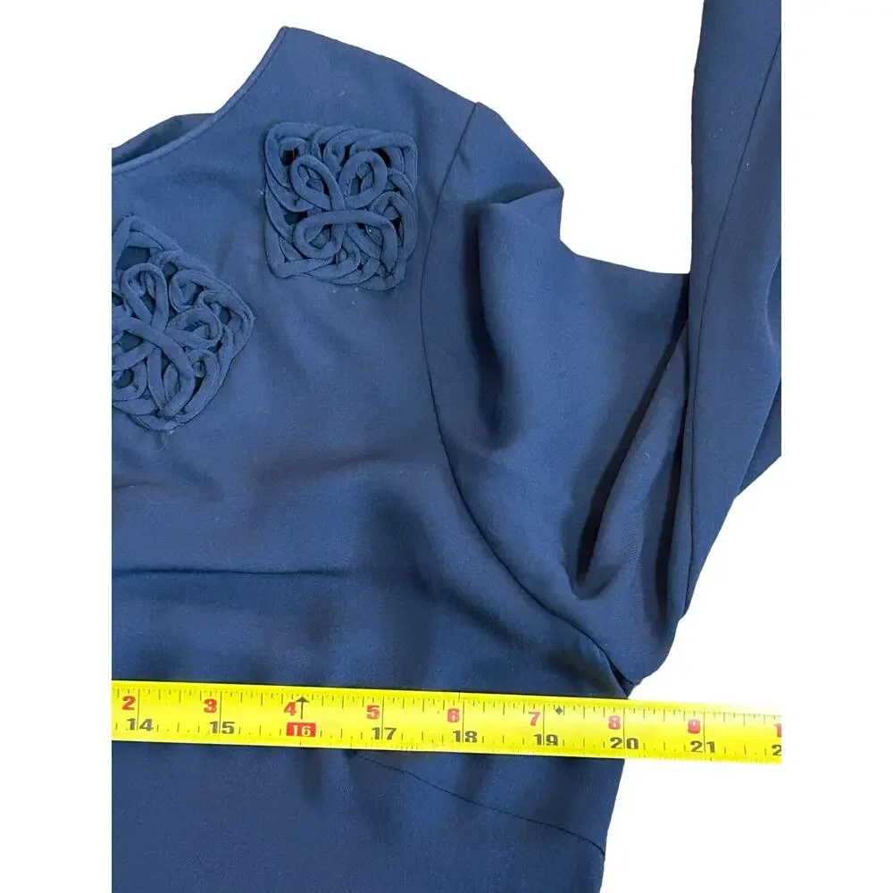 Tory Burch 100% Silk Size 12 Cut Out Blouse Navy Long Sleeve Embellished Classic